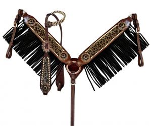 Showman Cheetah print one ear headstall and breast collar black fringe set